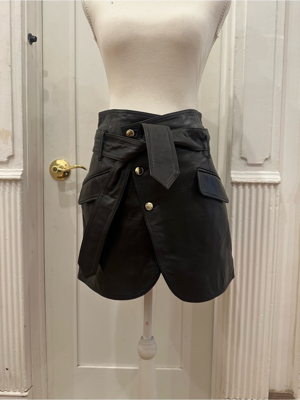 Marissa Webb Black Leather Wrap Tie Skort with Pocket Flaps